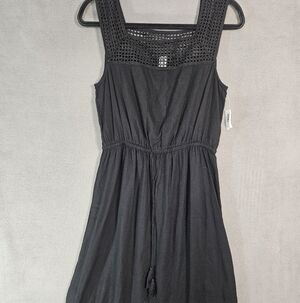 NWT Old Navy Medium Midi Dress Black Linen Blend Squareneck Crochet Waist Tie